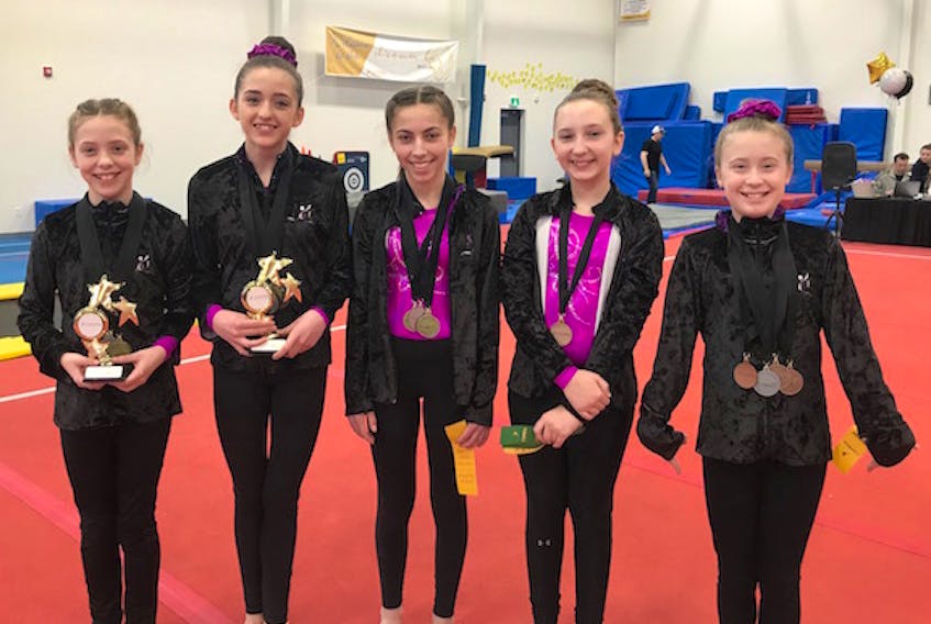 Clarenville Velocity gymnasts, from left, MacKenzie Parsons, Erin Russell, Rayah Vokey, Jordyn Peddle and Lilly Bennett.