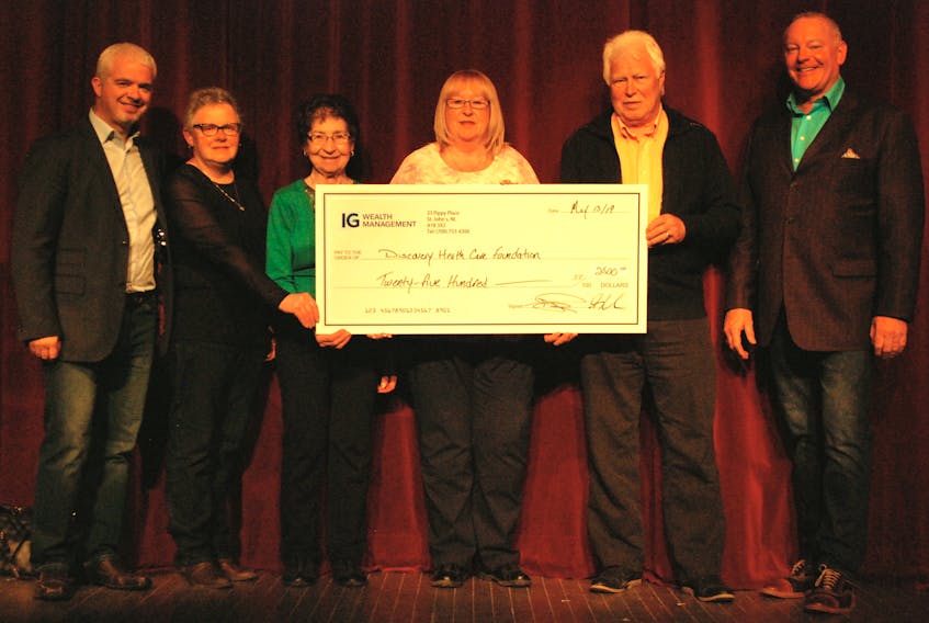 A screening of the documentary “Regarding Our Father” served as a fundraiser for Discovery Health Care Foundation. The documentary film tells the story of Gerald S. Doyle, a businessman well known for spreading folk songs across Newfoundland and Labrador through songbooks. The screening raised $2,500. From left are Jamie Peddle, Gail Brown, Jessie Reid, Leona Piercey, Kevin Parsons and Paul Doyle. JONATHAN PARSONS PHOTO