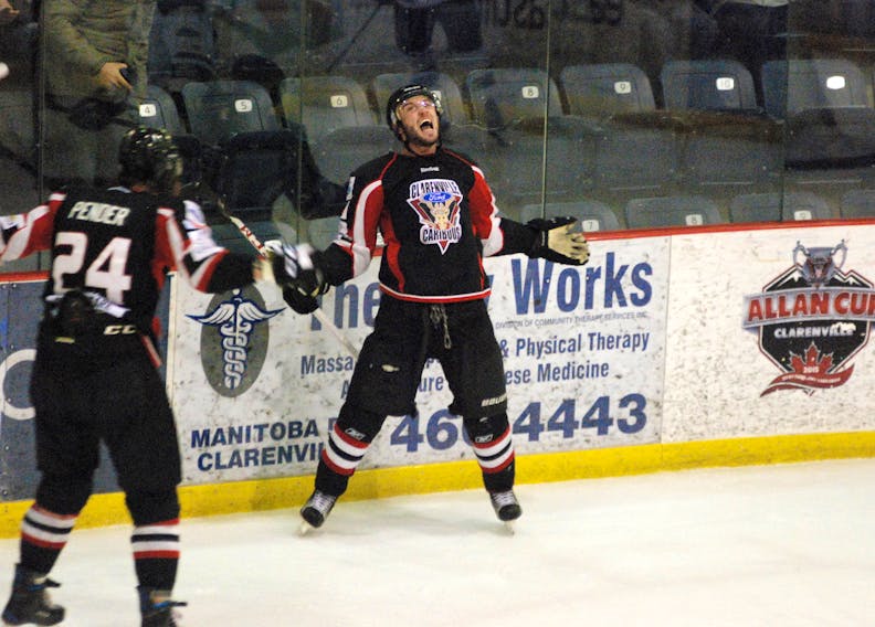 Kevin Reid celebrates a go-ahead goal near the end of the second period during Friday night's game 5 at the EEC.