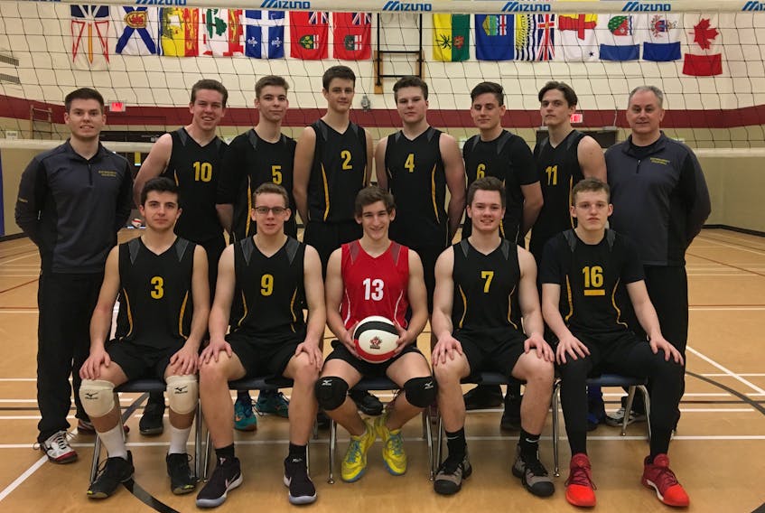 Pictured (front row, from left) Brandon Lilly (of St. John’s), Lucas Efford, Isaac Avery, Reilly Adams and Cole Mackey; (back) head coach Jakob Walsh, Noah Moulton, Mitchell Turner, Jacob Wiseman, Max Stoyles, Ryan Littlejohn (of Bay Roberts), Chris Leroy (of Corner Brook) and assistant coach Norm Littlejohn.