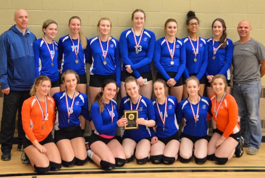Gold Medal Winning Team Clarenville High, front row, left to right: Laila Quinton, Cassie Barrett, Ally Letto, Morgan Davidson, Emily Philpott, Emma Tucker and Abby Fleming; and back: Randy Letto, Jenna Letto, Amber Vardy, Emma Squibb, Hayley McDougall, Hannah Rideout, Abby Asuwko, Claire Organ and Jason Lane.
