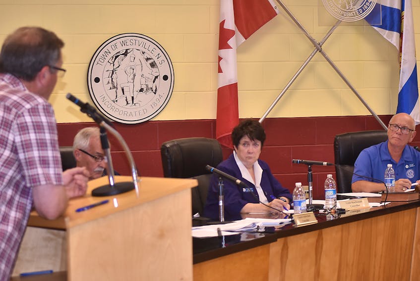 A Westville resident, who is opposed to the possibility of an open-pit coal mine off Cowan Street, addresses town council on July 29.