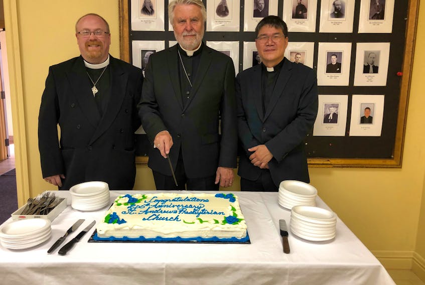 St. Andrew’s Presbyterian Church in New Glasgow recently held its 200th anniversary celebrations. In the photo cutting the cake are: Rev. Andrew MacDonald of First Presbyterian Church, New Glasgow; Rev. Richard Sand of Sechelt, BC, former minister and guest anniversary preacher and Rev. Dr. Joon Ki Kim, minister of St. Andrew’s New Glasgow.
