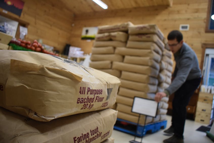 Pallets of all-purpose flour at The Whistleberry Market in Alma, Pictou County.