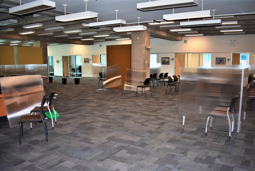 The space in McCarthy Hall, on the Nova Scotia Community College Truro campus, being prepared for Monday's (March 8) vaccine clinic. The sitting area and partitions are being arranged in preparation.