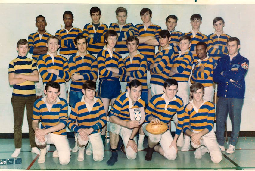 The EPRHS boys rugby team in the early 1970s. In front from left are Lloyd English, Mike Hecimovich, John Weir, Randy Kellock and Bobby MacKay. In middle row are: Terry Cameron (manager), Roy MacDonald, Robert MacEachern, Ivor MacDonald (whom the skating rink in Thorburn is named after), Keith Murdoch, Danny Walsh, Greg Williams, David Paris and coach Keith Melanson. In back row are: Percy Paris, Clarence Izzard, Kairens MacDonald, Doug Green, George Mason, Art Forsythe, Syd Smith and David MacKay.