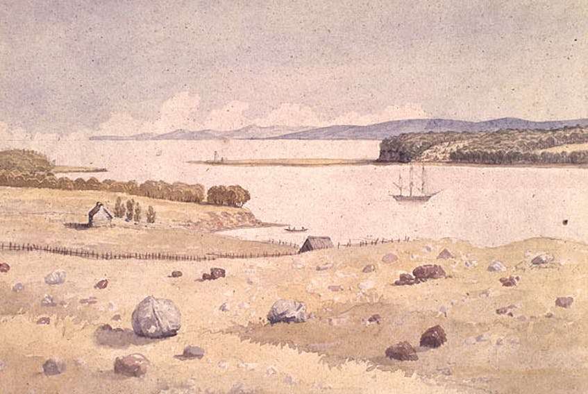 Painting by an unknown artist depicting a ship moving past the mouth of Pictou Harbour.