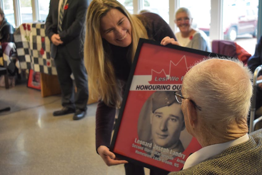Leonard Joseph Landry of Loch Broom was one of eleven veterans to receive a framed photograph of themselves from their years of service at a Remembrance Day ceremony at Sutherland Harris Memorial Hospital in Pictou.
