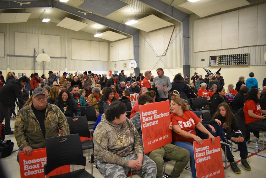A large crowd gathered in the Pictou Landing First Nation school gymnasium on Dec. 19 in response to forestry supporters demonstration held simultaneously in Halifax.