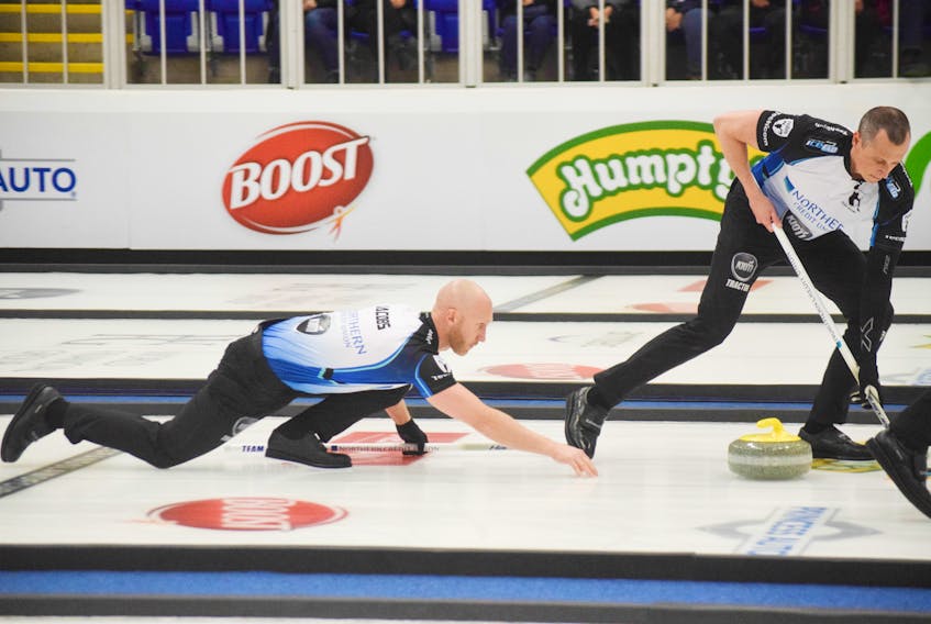 Brad Jacobs of Sault Ste. Marie, Ont., throws a stone against Brad Gushue’s rink on his way to the title at the Grand Slam of Curling event in Pictou County on Nov. 14. Jacobs won this game 6-4 to claim the championship.