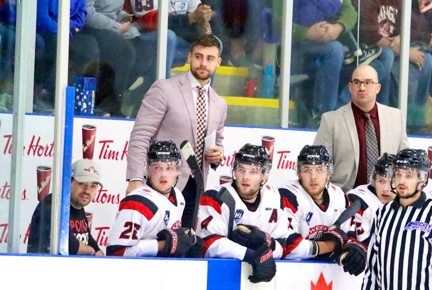 Pictou County Crushers assistant coach Tyler Noseworthy, left, and head coach Mike Danton on the Crushers bench. (photo courtesy Jennifer Weeks)
