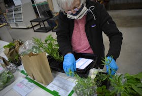 Bonnie Quinn of the Lochabor Growers Cooperative fulfilling her week's orders at the Antigonish Farmers' Market on May 9.