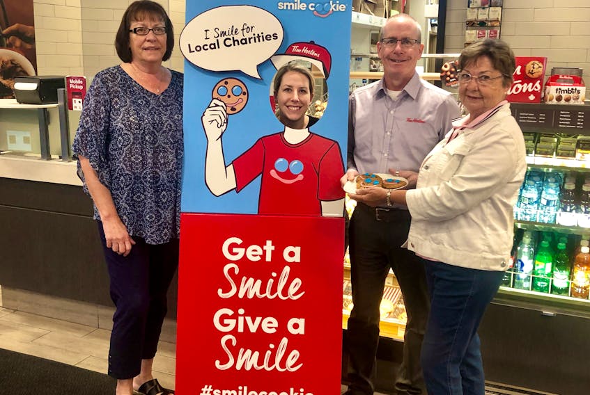 Shown are Roseanne MacGregor of the Pictou County Fuel Fund, Tim Hortons senior manager Lindsay Shaw, Tim Hortons owner Jim Shaw, and Judy McKean, board member of the Pictou County Food Bank.
