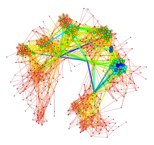 Data spread from a 2009 experiment showing 409 people (circles) and the connections between them.