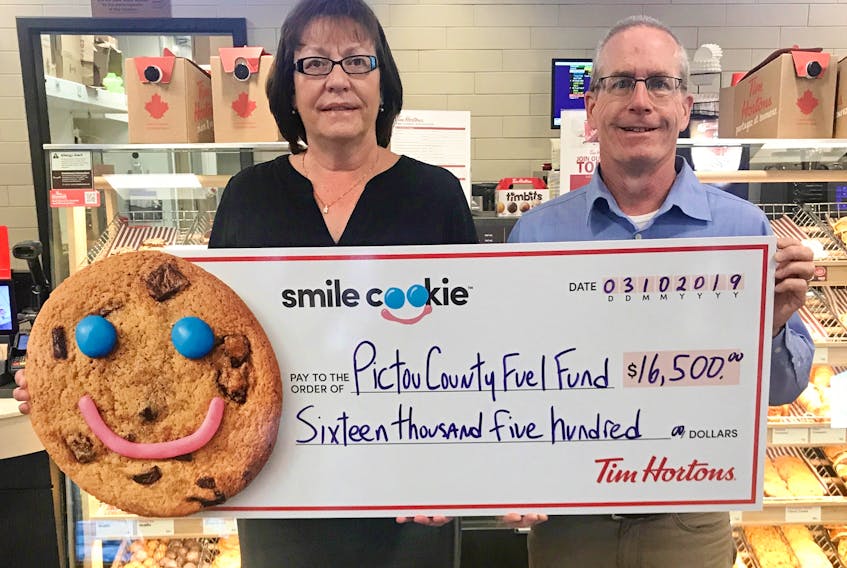 Pictou County Fuel Fund chairperson Roseanne MacGregor accepts a $16,500 donation from Jim Shaw of the Pictou County Tim Hortons stores. The funds were raised through the annual Smile Cookie campaign, which takes place in September. This amount represents half of the total funds raised, with the other portion going to the Pictou County Food Banks.