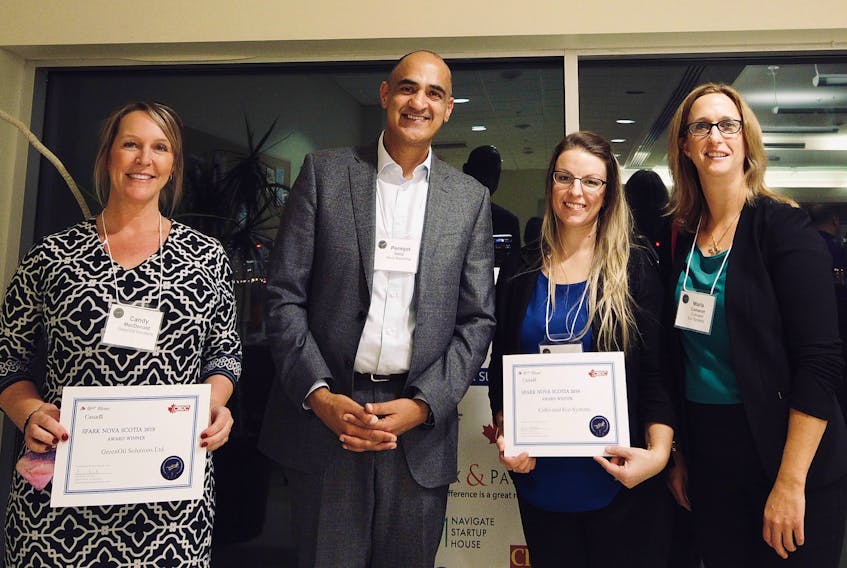 Two businesses from Pictou County placed in the Spark competition. From left are: Candy MacDonald from Green Oil Solutions Ltd.; Permjot Valia, Startup Mentor from Nava Marketing, one of the partners for the Spark competition; Angie VanKessel and Marla Cameron from Cultivated Eco Systems.