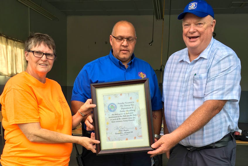 District 9 Coun. Peter Boyles, right, presents Delrosa Stewart, left, and Linacy Fire Chief Dale Pettipas with a plaque of appreciation for their involvement with Camp Connect.