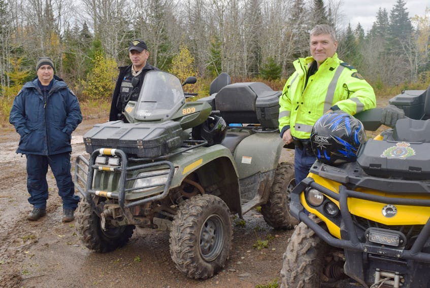 A media day was recently held in Pictou County to highlight the importance of ATV safety. From left are RCMP Const. Skipper Bent, conservation officer Stephen Fraser and RCMP Cpl. Greg Deagle.