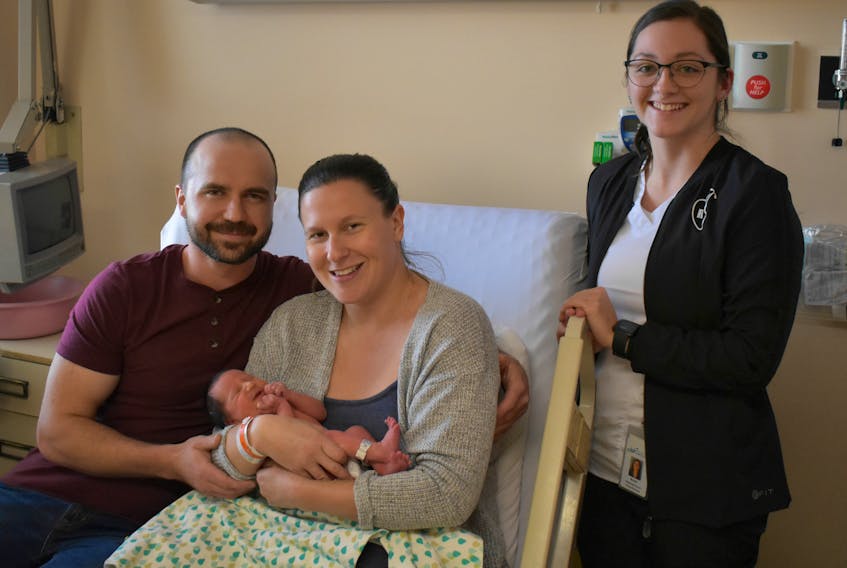 Greg and Emma Hayman welcomed their baby Lennon, who was born at the Aberdeen Hospital during National Breastfeeding Week. Pictured with the family is RN Brooke Cholock.