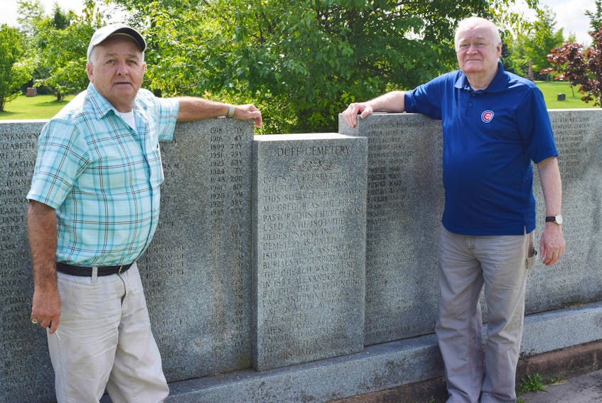 Philip MacKenzie, left, and Clyde Macdonald are hoping to have this marker with more than 600 names restored. The names cover both sides of the stone.