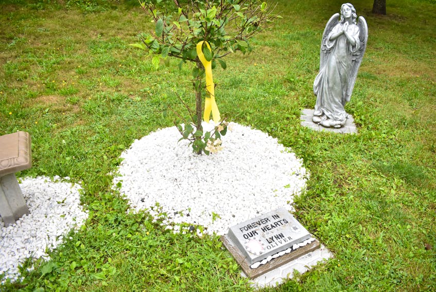 The memorial that was set up several years ago in memory of Lynn Oliver. It is located on the Samson Trail, near the cemetery on Stellarton Road.