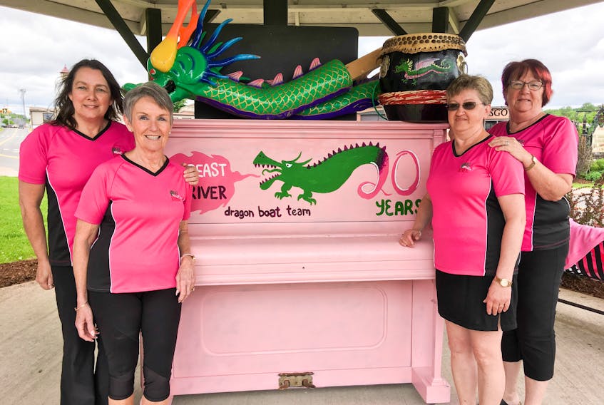 Members of Abreast a River dragon boat team pose and practise their paddling in advance of Race on the River Dragon Boat Festival, July 26 and 27. From left are Cindy Skinner, Jessie Parkinson, Darlene Benoit and Faye Visser-Booth.