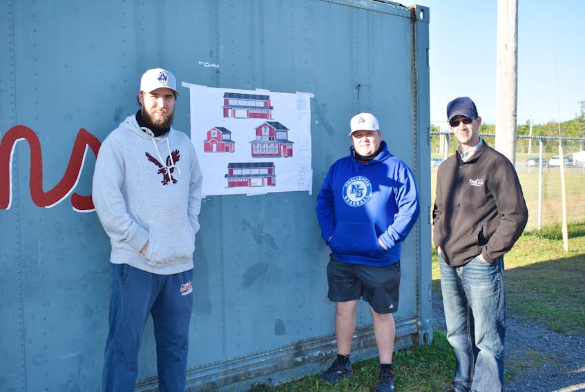 From left: Craig Murray, Trevor Kearley have been working with designer Marlin Plett on plans for a new clubhouse to be placed at the ball fields off Old Foxbrook Road in Stellarton.