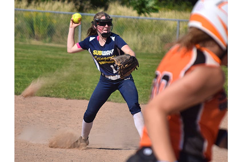 Jessa MacKeil, second baseman with the Stellarton Stingers U16 team, would throw out this Sackville Surge baserunner during the provincial championship tournament Aug. 16-18.