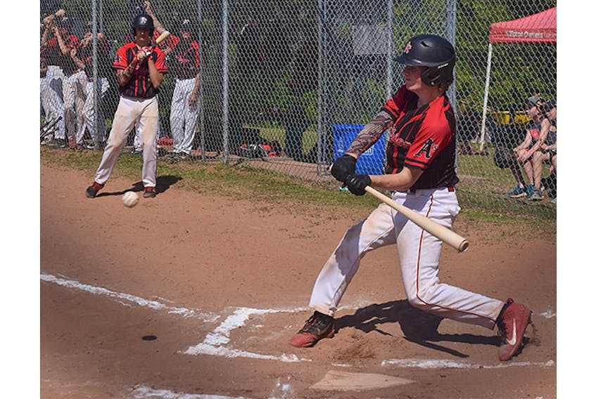 Stellarton Albions’ Joseph Mason, who would be named tournament MVP, takes a swing during a game at the U15 provincial baseball championships in Stellarton on Aug. 17.