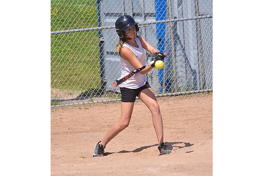 Sarah MacLeod gets the bat on the ball during a Stellarton Stingers U12 practice on Aug. 3.