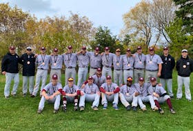The Holland College Hurricanes won bronze medals at the national baseball championship Saturday in Toronto. Team members, front row, from left, are Adam Richards, Luke Robison, Dylan Cameron, Tyson McInnis, Chase Brown, Avard Hart, Patrick Young and Ryan Abraham. Second row, head coach Andrew MacNevin, assistant coach Logan Gallant, Julian MacDonald, Jake MacLaren, Ben Thompson, Brett Brittany, Curtis McGregor, Colin Gaudette, Eric Anderson, Parker Gallant, Riley Gallant, Tyler Johnston, pitching coach J.P. Stevenson and assistant coach Jordan Stevenson.