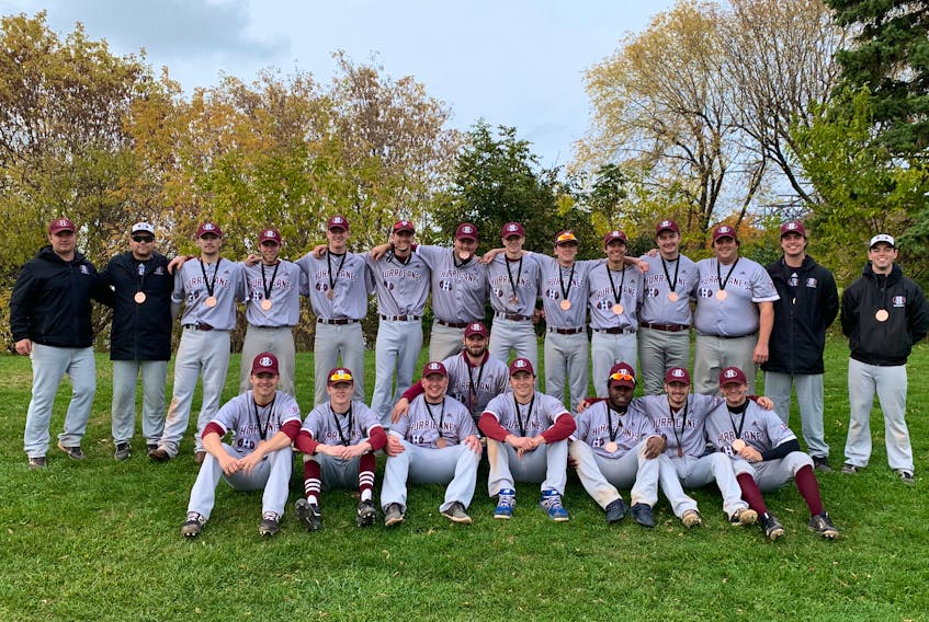 The Holland College Hurricanes won bronze medals at the national baseball championship Saturday in Toronto. Team members, front row, from left, are Adam Richards, Luke Robison, Dylan Cameron, Tyson McInnis, Chase Brown, Avard Hart, Patrick Young and Ryan Abraham. Second row, head coach Andrew MacNevin, assistant coach Logan Gallant, Julian MacDonald, Jake MacLaren, Ben Thompson, Brett Brittany, Curtis McGregor, Colin Gaudette, Eric Anderson, Parker Gallant, Riley Gallant, Tyler Johnston, pitching coach J.P. Stevenson and assistant coach Jordan Stevenson.