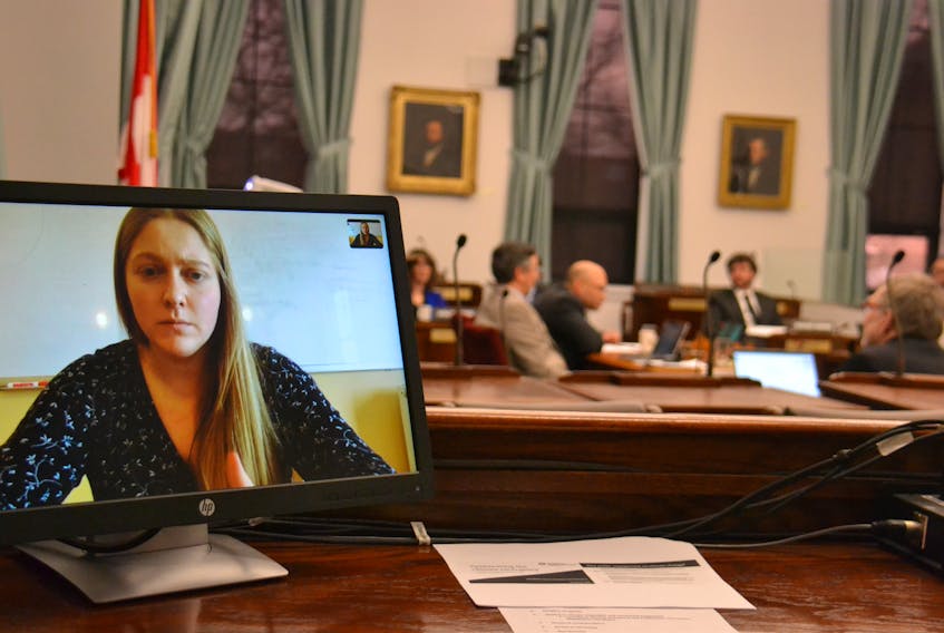 Laura Berry of the Brooklyn-based Climate Mobilization speaks via Skype before a standing committee on climate change on Thursday. Berry argued MLA’s should take direction from citizens assemblies tasked with coming up with policy recommendations on how to reduce carbon emissions quickly.