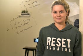 Tracey Gairns Brioux, who operates Reset:Breathe Fitness, is shown in her home studio. The fitness instructor entrepreneur regularly ends her classes with positive affirmations but has been dogged by expensive and slow internet service in her community of Emyvale.