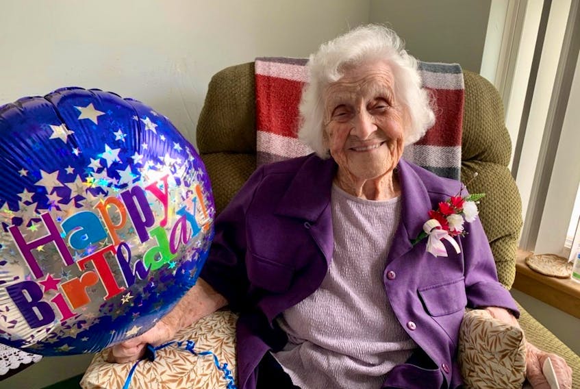 Centenarian Ann McColl was all smiles at her June 1 birthday party at the Dr. John Gillis Memorial Lodge in Eldon. McColl turned 102.