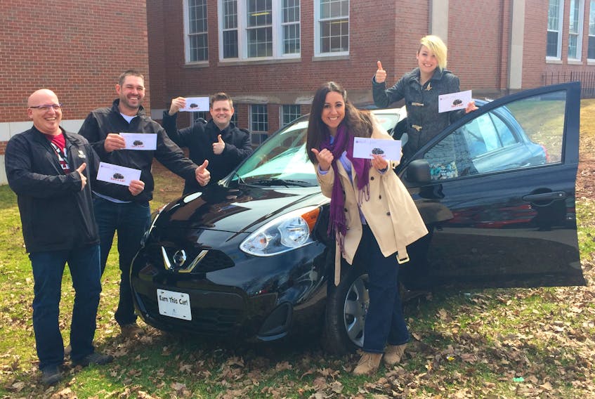 Holland College Earn a Car 2017 nominees include, from left, Neil Riley, resident care worker program; Jody Milligan, construction electrical technology program; Ryan Brown, sports and leisure management; Pam Corominas, practical nursing program; and recipient Sarah Duncan, plumbing program.