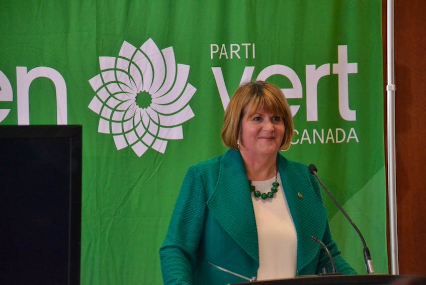 Interim federal Green party leader JoAnn Roberts speaks at a news conference in February at the Delta Hotel. The  next leadership convention of the federal Greens was scheduled for P.E.I. in October.