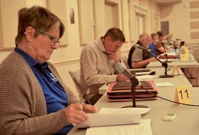 Coun. Cindy MacLean, left, reviews documents during a recent Three Rivers' committee of council meeting in Georgetown.