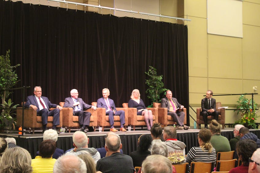 From left, Joe Byrne (NDP), Robert Campbell (Conservative), Sean Casey (Liberal), Darcie Lanthier (Green), Fred MacLeod (Christian Heritage) and Guardian chief political reporter Stu Neatby, moderator, take part in a Charlottetown all-candidates debate Tuesday, Oct. 1, 2019, hosted by The Guardian and the UPEI student union.