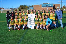 The Three Oaks Axewomen captured the Summerside high school’s first-ever P.E.I. School Athletic Association Senior AAA Girls Soccer League championship on Saturday afternoon. The Axewomen defeated the Montague Vikings 5-0 in the gold-medal game, played at the Terry Fox Sports Complex in Cornwall. Members of the Axewomen are, front row, from left, Kristyn Taylor, Reghan Betts, Emily McKenna, Katie Acorn, Paige MacLean, Renee Silliker, Lana Gillis and Maddy MacPherson. Back row, from left, are Marta Irvine (head coach), Michelle Johnson (assistant coach), Kate Campbell, Brooke Blanchard, Aaliyah MacDonald, Lindsay Stewart, Elly Dobson, Cassie Gallant, Avery Simpson, Ashlyn Pridham, Kaitlyn Smith, Ella Donovan, Ardyn Hardy and Ian Gillis (assistant coach).
