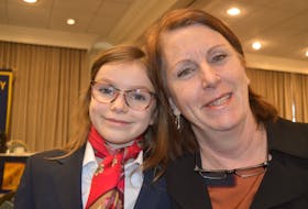 Vaeda Zo Matheson, 8, left, was busy working the room at the Rotary Club of Charlottetown’s luncheon on Monday where she was introduced as the Easter Seals 2020 campaign ambassador. One of the many people she spent time with was her principal at West Kent Elementary School, Tracy Ellsworth.
