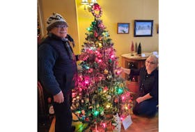 Culture Summerside Archivist Fred Horne and Wyatt Heritage Properties Inc. board member Lori Ellis admire the 1950 tree on display at the Lefurgey Cultural Centre.