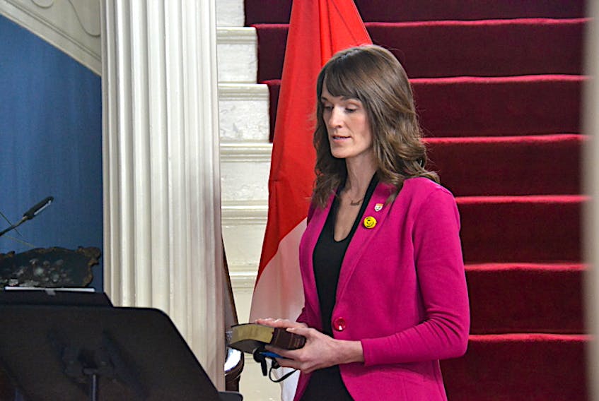Outgoing environment minister Natalie Jameson is sworn in as the new minister of education during a ceremony on Thursday. Proclamation of the Water Act, a bill that would govern high capacity wells, did not happen during her tenure as minister of environment.
