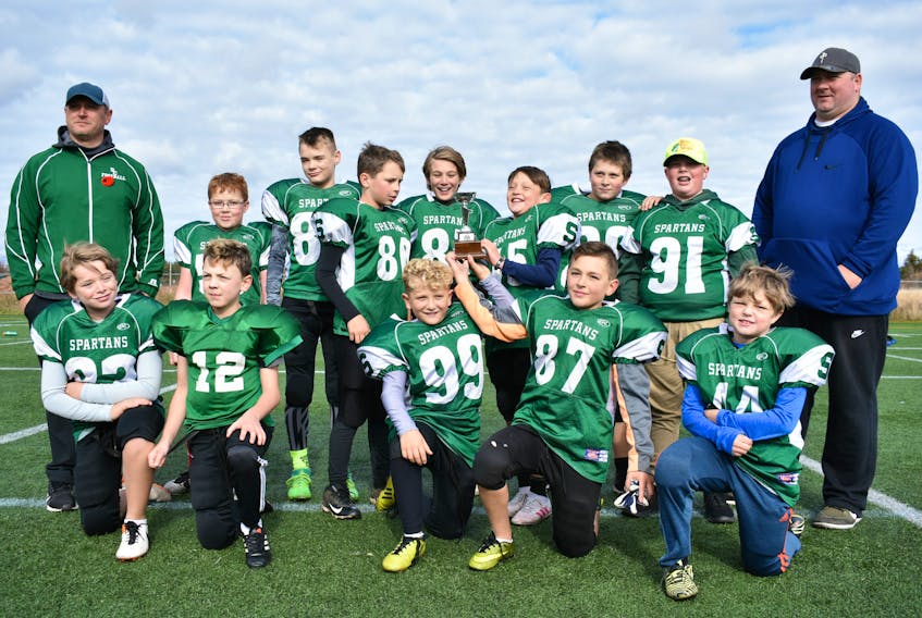 Summerside Cox and Palmer Spartans defeated  the Charlottetown Privateers 24-12 in the P.E.I. Atom Tackle Football League championship game at Eric Johnston Field in Summerside on Sunday. Members of the Spartans are, front row, from left: Noah McNeill, Deklen Oatway, Jack Rozell, Brady Dunn and Ocean Waddell. Second row: Gary Rozell (assistant coach), Lincoln Vanbarneveld, Chase DesRoches, Jack MacDonald, Christian Cameron, Noah Lynch, Brayden Miller, Cohen Woods and Mike Miller (head coach). Missing from photo is Corbain Cormier.