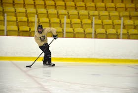 Charlottetown Knights forward Kal White looks to make a pass during a practice at MacLauchlan Arena on Tuesday night. The Knights will open the 2020-21 New Brunswick/P.E.I. Major Under-18 Hockey League regular season on home ice against the Fredericton Caps on Friday at 7 p.m.