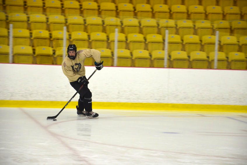 Charlottetown Knights forward Kal White looks to make a pass during a practice at MacLauchlan Arena on Tuesday night. The Knights will open the 2020-21 New Brunswick/P.E.I. Major Under-18 Hockey League regular season on home ice against the Fredericton Caps on Friday at 7 p.m.