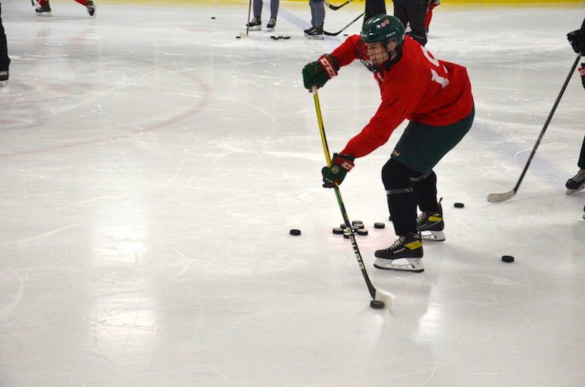 Kensington Wild defenceman Kieran Rennie competes in a drill during Wednesday night’s practice at Credit Union Centre. The Wild will host the Charlottetown Knights in their New Brunswick/P.E.I. Major Under-18 Hockey League home opener on Saturday at 7:30 p.m.