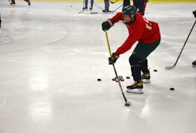 Kensington Wild defenceman Kieran Rennie competes in a drill during Wednesday night’s practice at Credit Union Centre. The Wild will host the Charlottetown Knights in their New Brunswick/P.E.I. Major Under-18 Hockey League home opener on Saturday at 7:30 p.m.