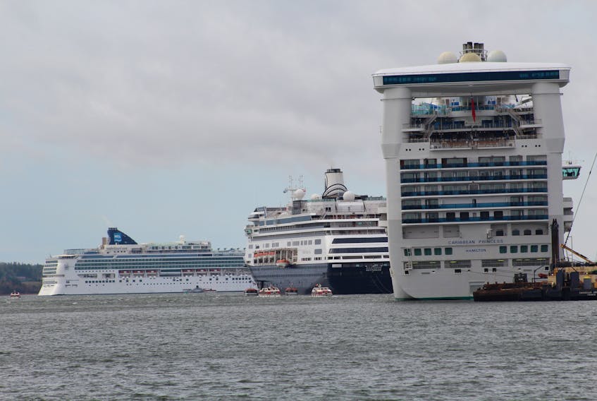 Three large ships were in the Charlottetown Harbour Tuesday morning. From left are Norwegian Gem, Zaandam and Carribean Princess.