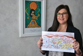 L’Nuey executive director Jenene Wooldridge holds a photo of a mural prepared during a meeting of the Epekwitk nationhood gathering last fall. L’Nuey has held three visioning events in order to gather feedback from Mi’kmaq community members about what self-determination could look like.